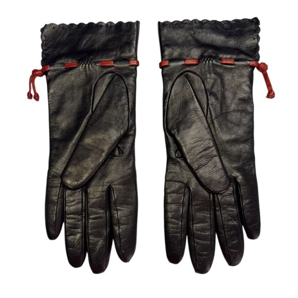 Portolano Women's Dark Brown Napa Leather Gloves 7.5 Cashmere Lined Cognac Tie - Picture 4 of 5